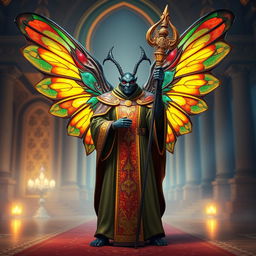 A beetlefolk scarab cleric with magnificent, intricate wings, standing proudly in a holy setting