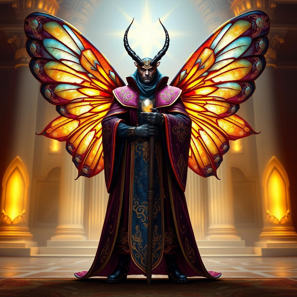 A beetlefolk scarab cleric with magnificent, intricate wings, standing proudly in a holy setting