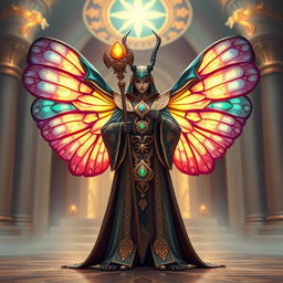 A beetlefolk scarab cleric with magnificent, intricate wings, standing proudly in a holy setting