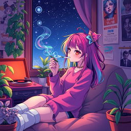 A relaxed, lofi anime girl with vibrant, colorful hair, sitting comfortably in a cozy room surrounded by plants and posters