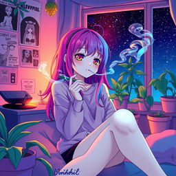 A relaxed, lofi anime girl with vibrant, colorful hair, sitting comfortably in a cozy room surrounded by plants and posters