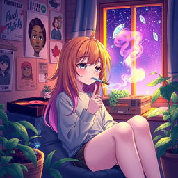 A relaxed, lofi anime girl with vibrant, colorful hair, sitting comfortably in a cozy room surrounded by plants and posters