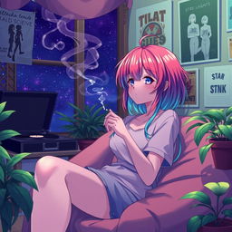 A relaxed, lofi anime girl with vibrant, colorful hair, sitting comfortably in a cozy room surrounded by plants and posters