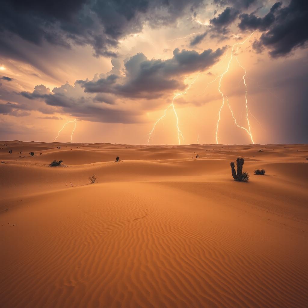 A dramatic desert scene under a cloudy sky, featuring flashes of lightning illuminating the horizon