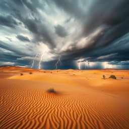 A dramatic desert scene under a cloudy sky, featuring flashes of lightning illuminating the horizon