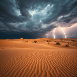 A dramatic desert scene under a cloudy sky, featuring flashes of lightning illuminating the horizon