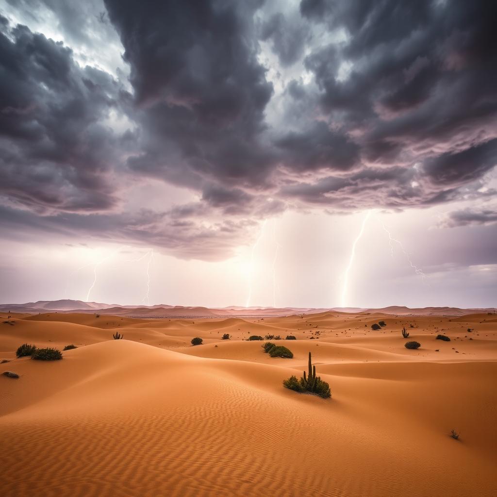 A dramatic desert scene under a cloudy sky, featuring flashes of lightning illuminating the horizon