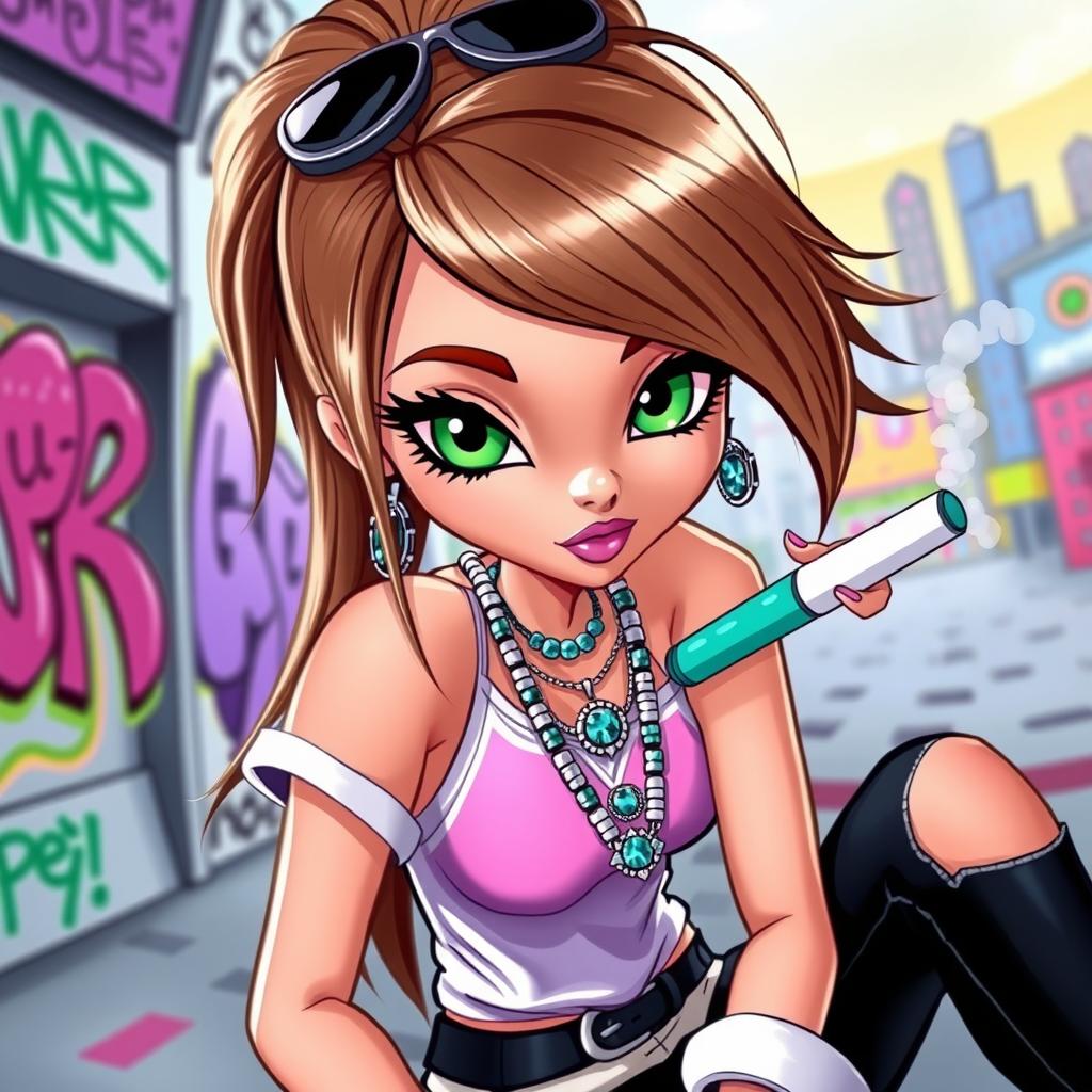 A Bratz girl character with light brown hair and vibrant green eyes, exuding a stylish and edgy vibe