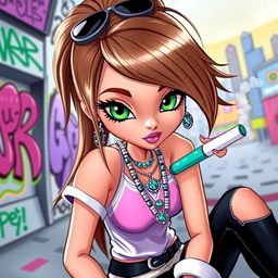 A Bratz girl character with light brown hair and vibrant green eyes, exuding a stylish and edgy vibe