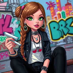 A Bratz girl character with light brown hair and vibrant green eyes, exuding a stylish and edgy vibe