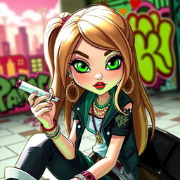 A Bratz girl character with light brown hair and vibrant green eyes, exuding a stylish and edgy vibe