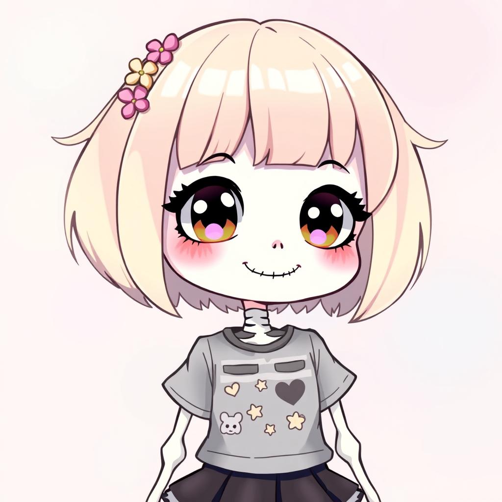 A cute anime skeleton girl, with large expressive eyes and a playful smile