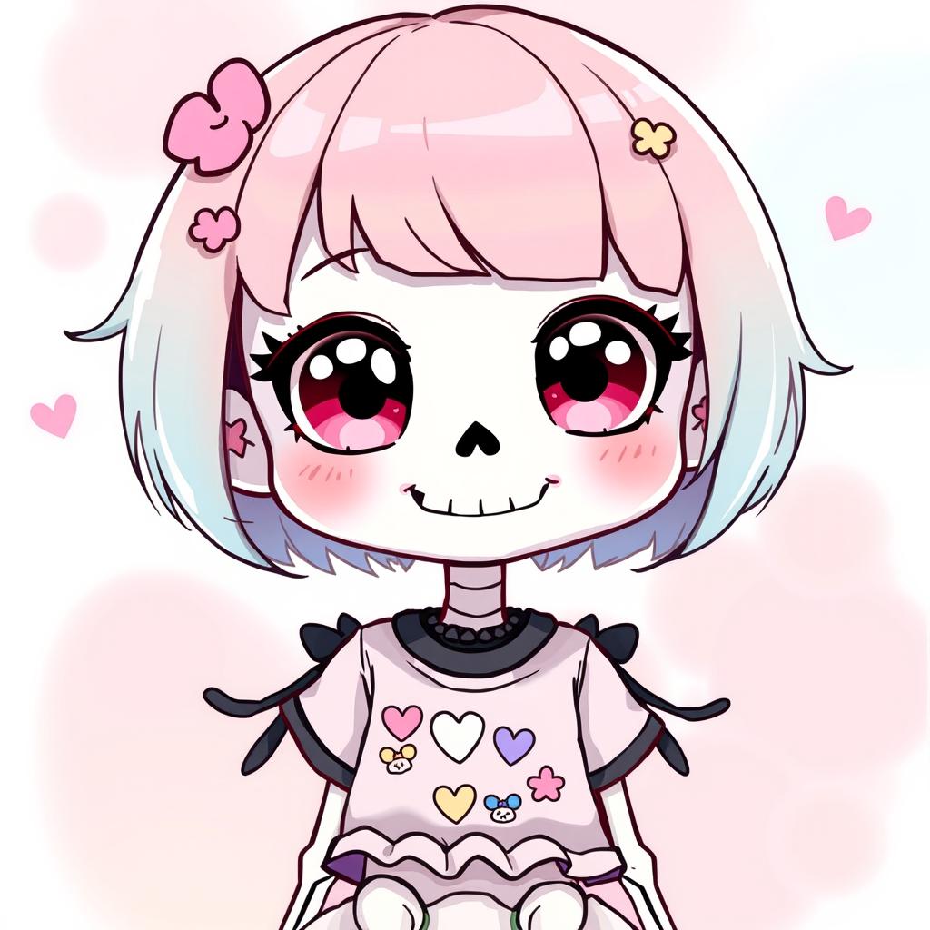 A cute anime skeleton girl, with large expressive eyes and a playful smile