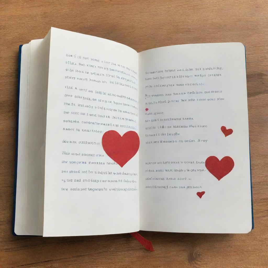 An open book with a love quote on one side, embellished with a kiss mark emoji. The reverse page is left blank.