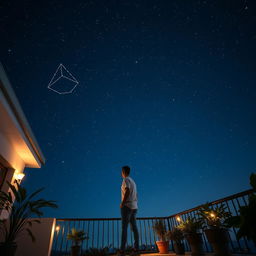 A serene night scene of a man standing on a balcony, gazing up at a breathtaking starry sky filled with unique constellations and bright stars twinkling against a deep blue backdrop