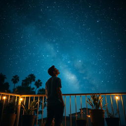 A serene night scene of a man standing on a balcony, gazing up at a breathtaking starry sky filled with unique constellations and bright stars twinkling against a deep blue backdrop