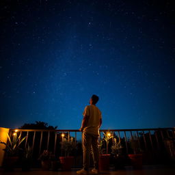 A serene night scene of a man standing on a balcony, gazing up at a breathtaking starry sky filled with unique constellations and bright stars twinkling against a deep blue backdrop