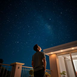 A serene night scene of a man standing on a balcony, gazing up at a breathtaking starry sky filled with unique constellations and bright stars twinkling against a deep blue backdrop