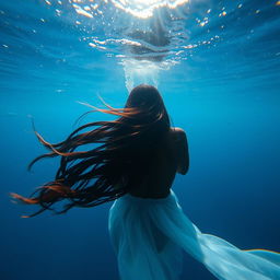 An ethereal underwater scene showcasing a beautiful Black woman viewed from behind, gracefully swimming in the deep blue ocean