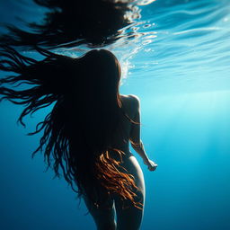 An ethereal underwater scene showcasing a beautiful Black woman viewed from behind, gracefully swimming in the deep blue ocean