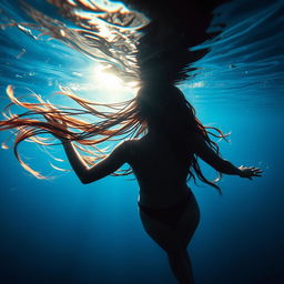 An ethereal underwater scene showcasing a beautiful Black woman viewed from behind, gracefully swimming in the deep blue ocean