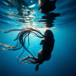 An ethereal underwater scene showcasing a beautiful Black woman viewed from behind, gracefully swimming in the deep blue ocean