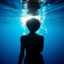 An enchanting underwater scene featuring a Black woman viewed from behind, with short hair, swimming gracefully in the depths of a vibrant blue ocean