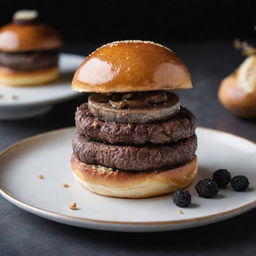 An opulent hamburger with a well-marbled Kobe beef patty, topped with foie gras, black truffles, and gold leaf, beautifully nestled in a freshly baked brioche bun.