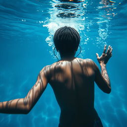 An enchanting underwater scene featuring a Black woman viewed from behind, with short hair, swimming gracefully in the depths of a vibrant blue ocean