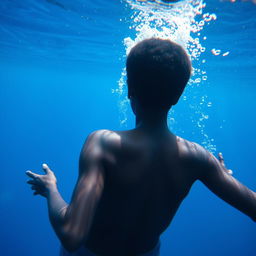 An enchanting underwater scene featuring a Black woman viewed from behind, with short hair, swimming gracefully in the depths of a vibrant blue ocean