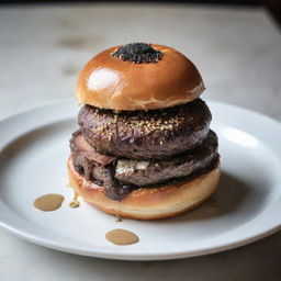 An opulent hamburger with a well-marbled Kobe beef patty, topped with foie gras, black truffles, and gold leaf, beautifully nestled in a freshly baked brioche bun.