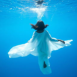 An enchanting underwater scene featuring a Black woman viewed from behind, with medium-length hair, swimming gracefully in the depths of a vibrant blue ocean