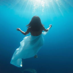 An enchanting underwater scene featuring a Black woman viewed from behind, with medium-length hair, swimming gracefully in the depths of a vibrant blue ocean