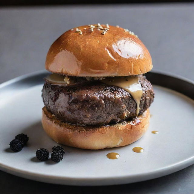 An opulent hamburger with a well-marbled Kobe beef patty, topped with foie gras, black truffles, and gold leaf, beautifully nestled in a freshly baked brioche bun.