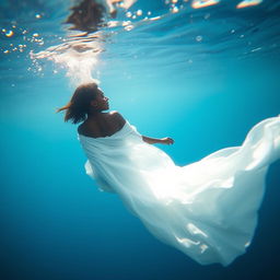 An enchanting underwater scene featuring a Black woman viewed from behind, with medium-length hair, swimming gracefully in the depths of a vibrant blue ocean