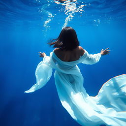 An enchanting underwater scene featuring a Black woman viewed from behind, with medium-length hair, swimming gracefully in the depths of a vibrant blue ocean