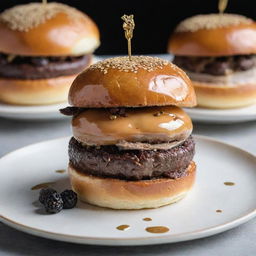 An opulent hamburger with a well-marbled Kobe beef patty, topped with foie gras, black truffles, and gold leaf, beautifully nestled in a freshly baked brioche bun.