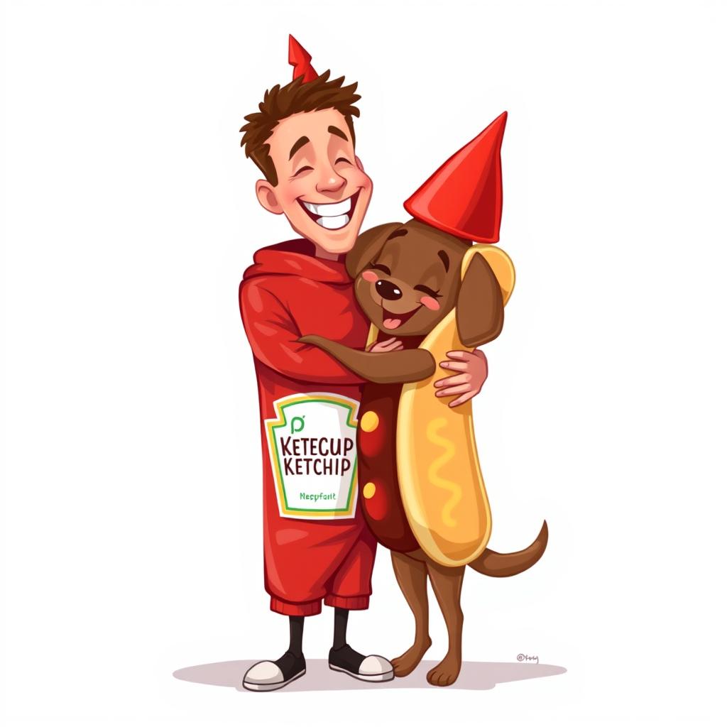 A cheerful 2D painting of a man dressed in a playful ketchup costume, joyfully hugging a brown dog that is adorably wearing a hotdog costume