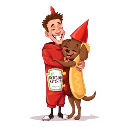 A cheerful 2D painting of a man dressed in a playful ketchup costume, joyfully hugging a brown dog that is adorably wearing a hotdog costume