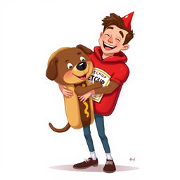 A cheerful 2D painting of a man dressed in a playful ketchup costume, joyfully hugging a brown dog that is adorably wearing a hotdog costume