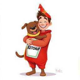 A cheerful 2D painting of a man dressed in a playful ketchup costume, joyfully hugging a brown dog that is adorably wearing a hotdog costume