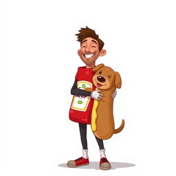 A cheerful 2D painting of a man dressed in a playful ketchup costume, joyfully hugging a brown dog that is adorably wearing a hotdog costume