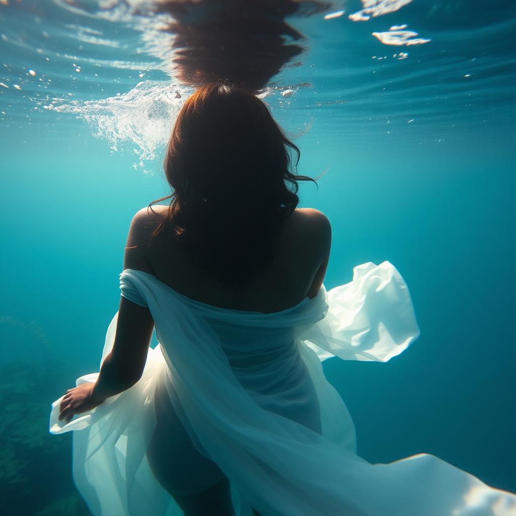 An enchanting underwater scene featuring a Black woman viewed from behind, with wavy hair cascading down her back, swimming gracefully in the depths of a tranquil blue lagoon