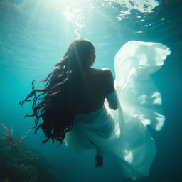 An enchanting underwater scene featuring a Black woman viewed from behind, with wavy hair cascading down her back, swimming gracefully in the depths of a tranquil blue lagoon