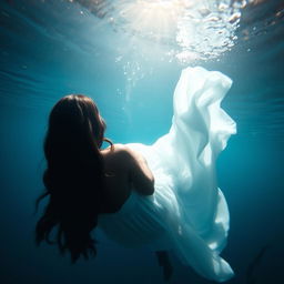 An enchanting underwater scene featuring a Black woman viewed from behind, with wavy hair cascading down her back, swimming gracefully in the depths of a tranquil blue lagoon