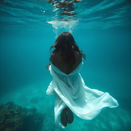 An enchanting underwater scene featuring a Black woman viewed from behind, with wavy hair cascading down her back, swimming gracefully in the depths of a tranquil blue lagoon