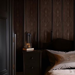 A cozy bedroom featuring dark furniture including a bed, wardrobe, and bedside table, illuminated under light, set against an elegant dark wallpaper with intricate designs.