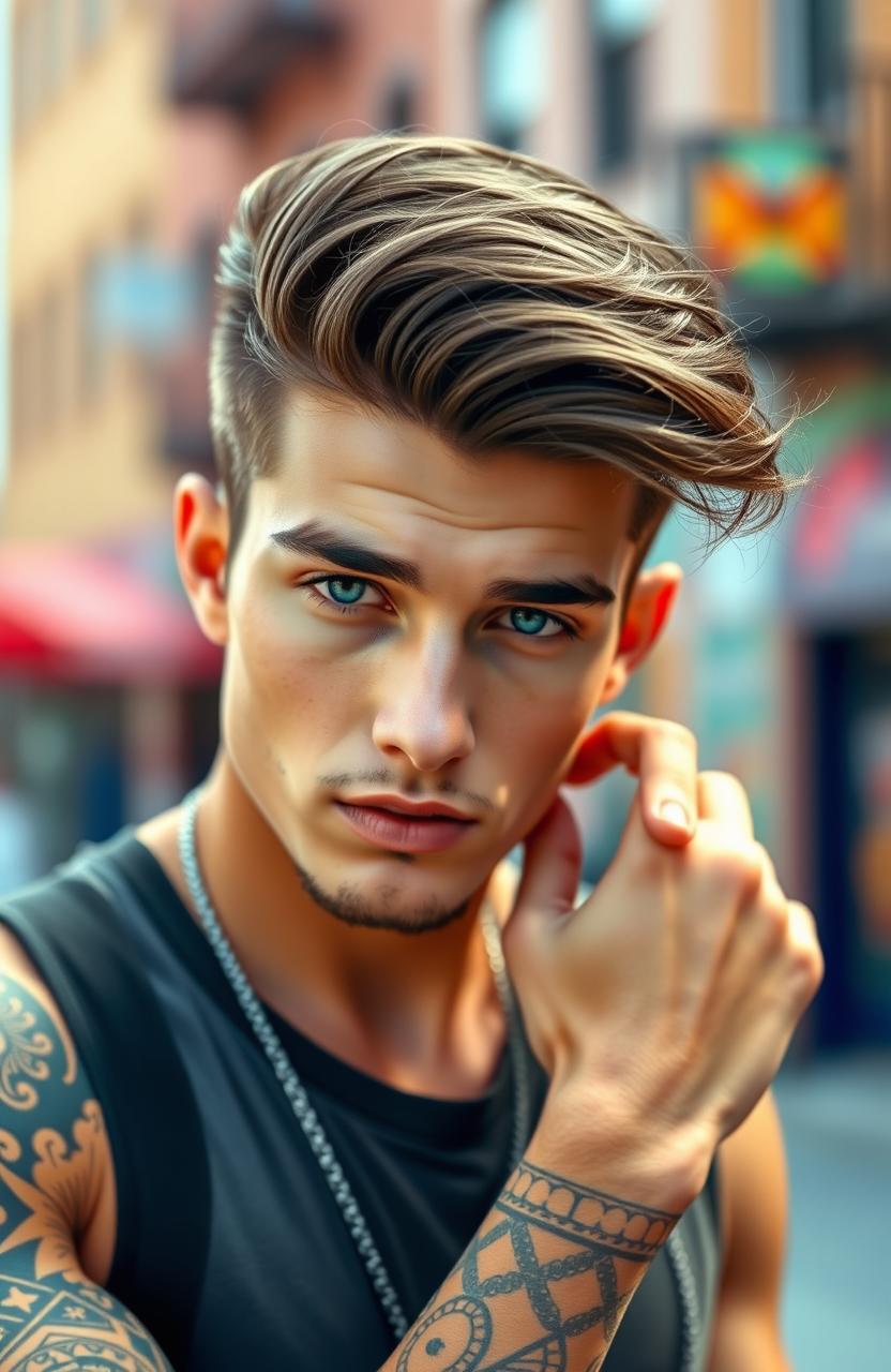 A young man with a slight beard, captivating green eyes, and a stylish pompadour hairstyle