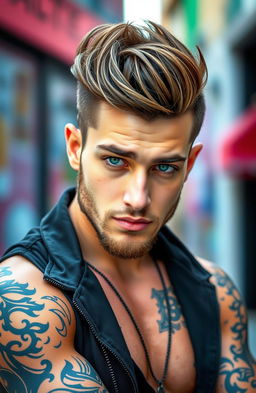 A young man with a slight beard, captivating green eyes, and a stylish pompadour hairstyle