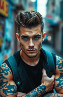 A young man with a slight beard, captivating green eyes, and a stylish pompadour hairstyle